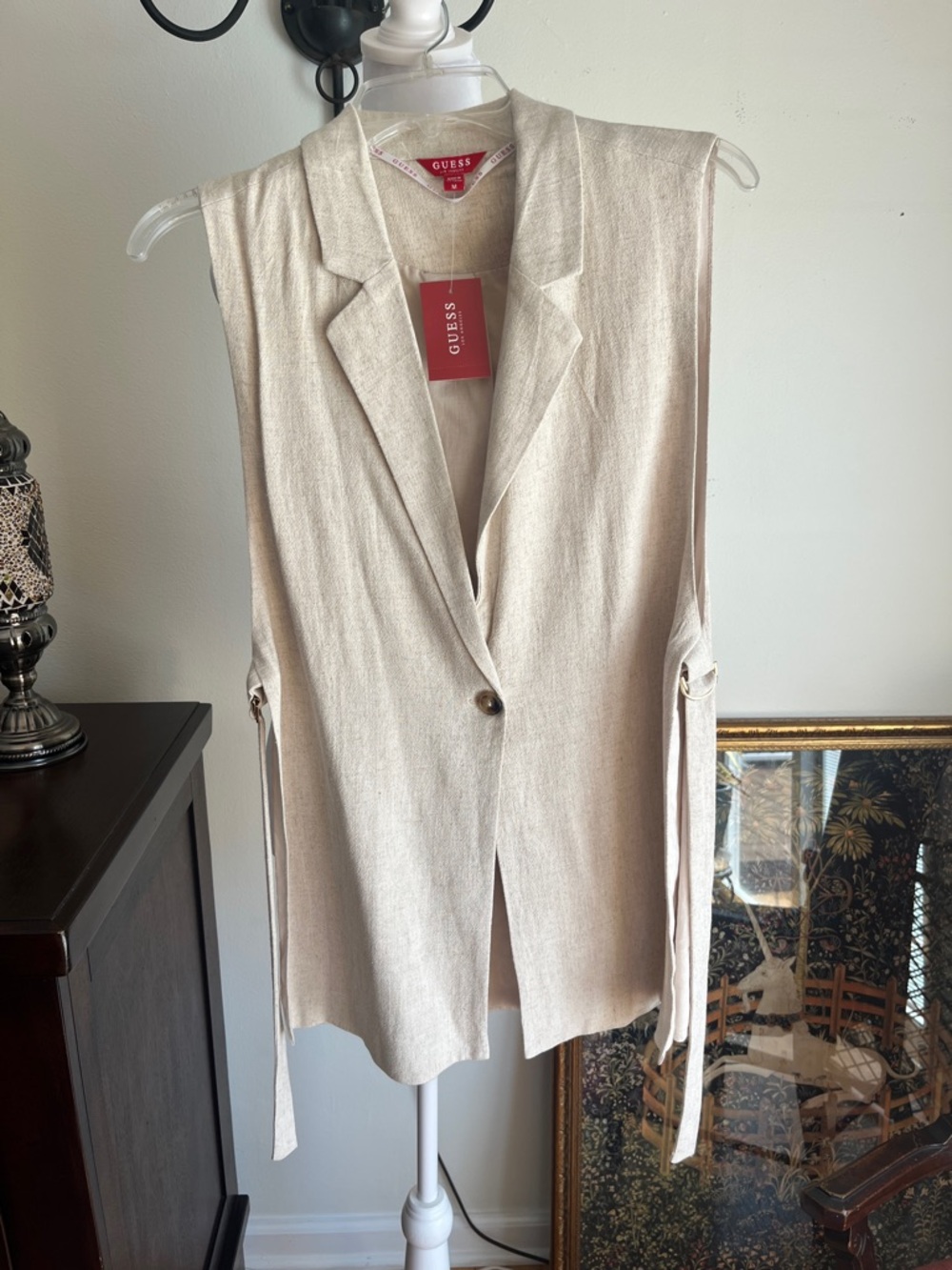 GUESS Neutral Beige Linen-Blend Sleeveless Blazer Vest